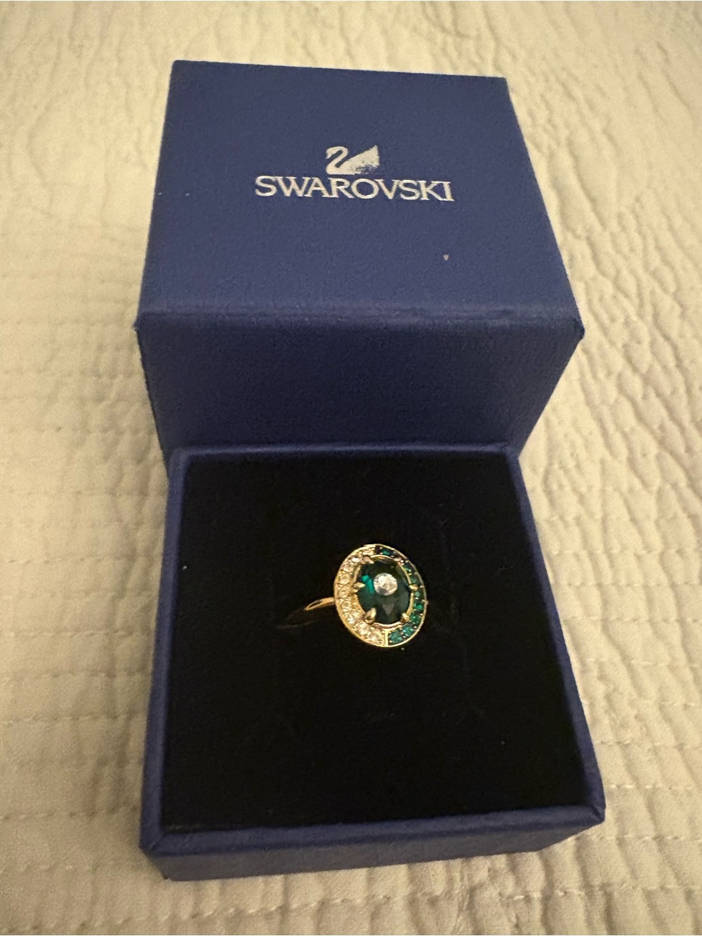Swarovski Gold Ring with Deep Green Oval Center and Clear Halo Size 55